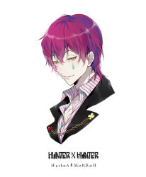 Rule 34 | 1boy, black jacket, chain, character name, copyright name, cropped torso, ekita kuro, facial mark, hisoka (hunter x hunter), hunter x hunter, jacket, looking at viewer, male focus, pale skin, parted lips, portrait, purple hair, raised eyebrows, shirt, simple background, smile, solo, teardrop, unbuttoned, unbuttoned shirt, white background, white shirt, yellow eyes