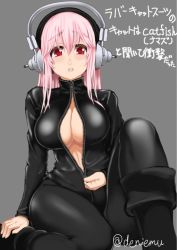 Rule 34 | 1girl, biker clothes, bikesuit, blush, bodysuit, breasts, cleavage, deni m, headphones, large breasts, long hair, looking at viewer, nitroplus, open mouth, pink hair, red eyes, solo, super sonico, unzipping, zipper