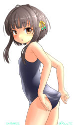 Rule 34 | 1girl, adjusting clothes, adjusting swimsuit, alternate costume, black hair, blue one-piece swimsuit, breasts, brown eyes, from behind, kantai collection, looking at viewer, one-hour drawing challenge, one-piece swimsuit, ray.s, school swimsuit, short hair, short hair with long locks, simple background, small breasts, solo, standing, swimsuit, ukuru (kancolle), white background