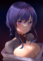 Rule 34 | 1girl, blush, braid, breasts, cleavage, closed mouth, frown, genshin impact, gradient background, highres, hyk0806, japanese clothes, kimono, kimono pull, large breasts, long hair, looking back, neck ribbon, off shoulder, purple background, purple hair, purple kimono, raiden shogun, red ribbon, ribbon, shrug (clothing), single braid, solo, upper body