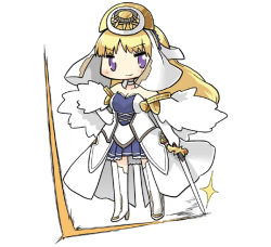 Rule 34 | &gt;:), 1girl, ar tonelico, ar tonelico ii, blonde hair, blue dress, blush, boots, breasts, chibi, choker, chroche latel pastalie, cleavage, closed mouth, dress, elbow gloves, eyebrows, full body, gloves, hair between eyes, hand on own hip, headdress, high heels, holding, holding sword, holding weapon, long hair, looking at viewer, medium breasts, pleated skirt, purple eyes, serizawa enono, simple background, skirt, solo, sparkle, standing, sword, thigh boots, thighhighs, v-shaped eyebrows, weapon, white background, white gloves