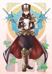 Rule 34 | 1girl, absurdres, armor, armored boots, artist name, belt, black hair, boots, brown eyes, dated, flower, gloves, hat, highres, military, military hat, military uniform, morag ladair (xenoblade), nayuta-kanata, pauldrons, plant, shoulder armor, sword, uniform, vines, weapon, xenoblade chronicles (series), xenoblade chronicles 2