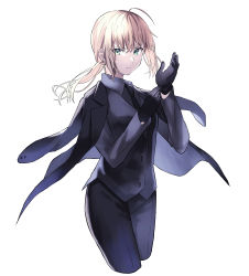 Rule 34 | 1girl, absurdres, adjusting clothes, adjusting gloves, ahoge, artoria pendragon (all), artoria pendragon (fate), bad id, bad pixiv id, black gloves, black jacket, black necktie, black pants, blue eyes, closed mouth, collared shirt, cowboy shot, cropped legs, fate/zero, fate (series), floating hair, formal, gloves, grey shirt, hair between eyes, highres, jacket, long hair, long sleeves, looking at viewer, lq saku, necktie, open clothes, open jacket, pant suit, pants, ponytail, saber (fate), shirt, silver hair, simple background, solo, standing, suit, white background, wing collar