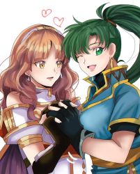 Rule 34 | 2girls, armor, celica (fire emblem), earrings, fire emblem, fire emblem: the blazing blade, fire emblem echoes: shadows of valentia, fire emblem gaiden, gloves, green eyes, green hair, holding hands, jewelry, long hair, looking at viewer, lyn (fire emblem), multiple girls, nintendo, one eye closed, pauldrons, ponytail, rem (eyes 410), shoulder armor, smile, wavy hair, yellow eyes