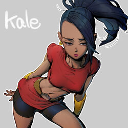 Rule 34 | 1girl, bike shorts, black eyes, black hair, character name, crop top, dark skin, dragon ball, dragon ball super, earrings, english text, gauntlets, half-closed eyes, jewelry, kale (dragon ball), long hair, looking at viewer, navel, open mouth, parted lips, ponytail, simple background, solo, supobi