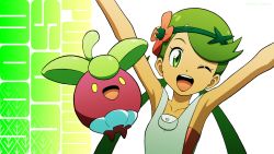 Rule 34 | 1girl, ;d, arms up, bare arms, bounsweet, collarbone, commentary request, copyright name, creatures (company), eyelashes, flower, game freak, gen 7 pokemon, green hair, grey overalls, hair flower, hair ornament, highres, kuroki shigewo, looking at viewer, mallow (pokemon), nintendo, one eye closed, open mouth, overalls, pokemon, pokemon (anime), pokemon (creature), pokemon sm (anime), smile, swept bangs, teeth, tongue, twintails, upper teeth only, white background