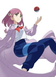 Rule 34 | 1girl, blue pants, blunt bangs, closed mouth, coat, collared shirt, creatures (company), eyelashes, game freak, hair ornament, hairclip, hand up, highres, ia (ilwmael9), lacey (pokemon), long hair, looking up, nintendo, open clothes, open coat, pants, pink hair, poke ball, poke ball (basic), pokemon, pokemon sv, purple coat, shirt, simple background, smile, solo, split mouth, white background, white shirt, yellow eyes