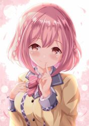 Rule 34 | 1girl, blush, bow, braid, brown eyes, brown jacket, closed mouth, collared shirt, commentary request, diagonal-striped bow, dress shirt, hair between eyes, hands up, highres, hoshizaki akari, jacket, long sleeves, looking at viewer, ongeki, petals, pink hair, puffy long sleeves, puffy sleeves, shirt, smile, solo, striped, twin braids, upper body, white shirt, xenon (for achieve)