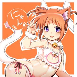 Rule 34 | 1girl, animal ears, blue eyes, blush, breasts, brown hair, cat ears, cat lingerie, cat tail, looking at viewer, lyrical nanoha, mahou shoujo lyrical nanoha, mahou shoujo lyrical nanoha a&#039;s, meme attire, mengnaidu, open mouth, small breasts, smile, solo, tail, takamachi nanoha