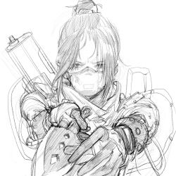 Rule 34 | 1girl, animification, apex legends, cable, commentary, faux traditional media, gloves, greyscale, gun, hair bun, highres, holding, holding knife, knife, kunai, mask, monochrome, mouth mask, official alternate costume, parted bangs, quarantine 722 wraith, scarf, seong u 1996, single hair bun, sketch, solo, symbol-only commentary, weapon, weapon on back, hope&#039;s dusk (apex legends), wraith (apex legends)