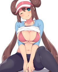 Rule 34 | 1girl, ;p, amane hasuhito, between legs, black pantyhose, blue eyes, blush, bra, breasts, brown hair, cleavage, clothes lift, collarbone, commentary, creatures (company), double bun, doughnut hair bun, game freak, hair between eyes, hair bun, hand between legs, hat, head tilt, large breasts, long hair, looking at viewer, navel, nintendo, no pants, one eye closed, pantyhose, pink bra, poke ball print, pokemon, pokemon bw2, raglan sleeves, rosa (pokemon), shadow, shirt, shirt lift, sidelocks, simple background, sitting, smile, stomach, tongue, tongue out, twintails, two-tone headwear, underboob, underwear, upper body, very long hair, visor cap, white background, white hat, white shirt