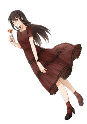 Rule 34 | 1girl, akagi (kancolle), asakawa shinka, bad id, bad pixiv id, black footwear, blush, bracelet, brown eyes, brown hair, collarbone, cup, dress, dutch angle, frilled dress, frills, full body, hair between eyes, highres, holding, holding cup, jewelry, kantai collection, long dress, long hair, looking at viewer, nail polish, purple nails, red dress, red socks, short sleeves, simple background, socks, solo, standing, straight hair, white background