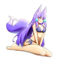 Rule 34 | 1girl, absurdres, afterimage, animal ear fluff, animal ears, bare arms, bare legs, bare shoulders, barefoot, between legs, bikini, blue bikini, blush, breasts, cleavage, closed mouth, commentary request, fox ears, fox girl, fox tail, full body, hair between eyes, hair ornament, hand between legs, highres, idaten93, long hair, looking away, medium breasts, navel, original, purple eyes, purple hair, shadow, side-tie bikini bottom, sidelocks, sitting, smile, solo, swimsuit, tail, tail wagging, till (idaten93), very long hair, wariza, white background