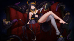 Rule 34 | 1girl, :&lt;, ao-chan (ninomae ina&#039;nis), artist logo, black gloves, blue eyes, blunt bangs, book, commentary, couch, crossed legs, crowbar, detached sleeves, dress, english commentary, floating, floating book, floating object, gloves, halo, headpiece, highres, hololive, hololive english, kalle nordfors, long hair, looking at viewer, ninomae ina&#039;nis, ninomae ina&#039;nis (1st costume), octopus, okobo, platform clogs, pointy ears, purple hair, sandals, single sleeve, single thighhigh, sitting, smile, smug, solo, takodachi (ninomae ina&#039;nis), tentacle hair, tentacles, thighhighs, virtual youtuber, white thighhighs