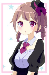Rule 34 | 1girl, absurdres, black hat, border, braid, breasts, brown hair, clothing request, collar, commentary request, hat, hat ribbon, highres, inset border, jyoji00, light blush, looking at viewer, medium hair, mini hat, necktie, original, parted lips, pink border, puffy short sleeves, puffy sleeves, purple eyes, purple necktie, purple ribbon, ribbon, short sleeves, small breasts, solo, star (symbol), twin braids, upper body, white background, white collar