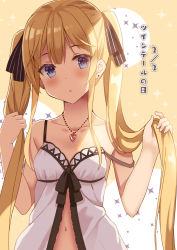 Rule 34 | 1girl, :o, babydoll, bare arms, bare shoulders, black bow, blonde hair, blue eyes, blush, bow, breasts, brown background, commentary request, earrings, hair bow, hands up, heart, heart necklace, holding, holding hair, jewelry, long hair, looking at viewer, navel, necklace, original, parted lips, small breasts, solo, sparkle, strap slip, striped, striped bow, stud earrings, translation request, twintails, two-tone background, very long hair, white background, yuuki yuu