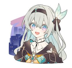 Rule 34 | 1girl, black bow, black hairband, black jacket, blue background, blue eyes, bow, cropped jacket, feathers, firefly (honkai: star rail), hair bow, hairband, honkai: star rail, honkai (series), jacket, long hair, long sleeves, looking at viewer, misooo ll, neckerchief, open mouth, simple background, smile, solo, upper body, white background, white hair, yellow neckerchief