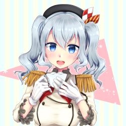 Rule 34 | 1girl, :d, bad id, bad pixiv id, beret, black hat, blue eyes, blush, breasts, buttons, collared shirt, commentary, cup, epaulettes, frilled sleeves, frills, gloves, grey shirt, hair between eyes, happy, hat, holding, holding cup, jacket, kantai collection, kashima (kancolle), kerchief, large breasts, lips, long hair, long sleeves, looking at viewer, military, military jacket, military uniform, neckerchief, open mouth, parune chigetsu, red neckerchief, shirt, silver hair, smile, solo, striped, striped background, tsurime, twintails, uniform, upper body, wavy hair, white gloves, white jacket
