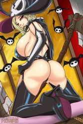 Rule 34 | 10s, 1girl, ass, bat (animal), blonde hair, boots, breasts, cape, digitally-devious, elbow gloves, from behind, gloves, hat, high heel boots, high heels, highres, huge ass, huge breasts, looking at viewer, looking back, red eyes, scythe, senran kagura, shiki (senran kagura), shiny clothes, shiny skin, sideboob, skull, smile, solo, stiletto heels, thigh boots, thighhighs, thong, weapon