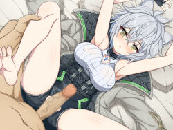 Rule 34 | 1boy, 1girl, animal ear fluff, animal ears, censored, chest jewel, clothed female nude male, grey hair, highres, imminent penetration, imminent vaginal, messy hair, na&#039;el (xenoblade), nude, on bed, penis, xenoblade chronicles (series), xenoblade chronicles 3, xenoblade chronicles 3: future redeemed, yaomai, yellow eyes