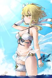 Rule 34 | 2girls, absurdres, adjusting hair, alternate costume, asphyxiation, bikini, blonde hair, blue sky, breasts, cleavage, cloud, cloudy sky, collarbone, commentary request, drowning, english text, flower, from side, genshin impact, hair between eyes, hair flower, hair ornament, halo, highres, horizon, in water, leglus, looking afar, looking at viewer, looking away, lumine (genshin impact), mechanical halo, medium breasts, midriff, multiple girls, navel, ocean, paimon (genshin impact), see-through, short hair, short hair with long locks, sidelocks, sky, solo focus, sparkle, sunlight, swimsuit, wading, white bikini, white hair, wind, yellow eyes