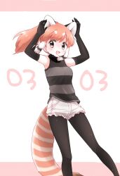 Rule 34 | 1girl, absurdres, animal ears, brown eyes, brown hair, elbow gloves, extra ears, gloves, highres, kemono friends, kuromitsu (9633 kmfr), long hair, looking at viewer, pantyhose, ponytail, red panda (kemono friends), red panda ears, red panda girl, red panda tail, shorts, simple background, sleeveless, solo, sweater, tail