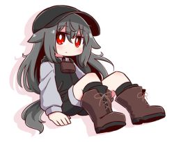 Rule 34 | 1girl, :&lt;, animal ears, baseball cap, black hat, black jacket, black shorts, black socks, blush, boots, borrowed character, brown footwear, chibi, closed mouth, commentary request, dog ears, dog girl, dog tail, full body, grey hair, grey shirt, hair between eyes, hat, hood, hooded jacket, jacket, kneehighs, lock, long hair, long sleeves, looking at viewer, naga u, original, padlock, puffy long sleeves, puffy sleeves, red eyes, shadow, shirt, short shorts, shorts, sidelocks, sitting, sleeveless, sleeveless jacket, socks, solo, tail, very long hair, white background