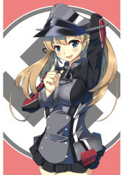 Rule 34 | 10s, 1girl, :d, adjusting hair, anchor, blue eyes, hand on own head, hat, highres, kantai collection, light brown hair, long hair, looking at viewer, open mouth, peaked cap, pleated skirt, prinz eugen (kancolle), sheita, side ponytail, skirt, smile, solo, swastika