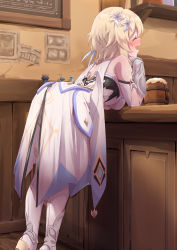 Rule 34 | 1girl, ass, bare shoulders, bassa, beer mug, bent over, blonde hair, blush, boots, breasts, counter, cup, detached sleeves, dress, drunk, elbow rest, closed eyes, feather hair ornament, feathers, feet out of frame, flower, full-face blush, genshin impact, hair flower, hair ornament, head rest, highres, indoors, laughing, leaning forward, lily (flower), long dress, long sleeves, looking away, lumine (genshin impact), medium breasts, mug, open mouth, picture frame, short hair with long locks, smile, solo, standing, thigh boots, thighhighs, white dress, white flower, white sleeves, white thighhighs, wrist guards