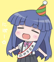 Rule 34 | 1girl, :d, = =, black skirt, blue hair, blush stickers, bow, closed eyes, collared shirt, dress shirt, furude rika, gaou (babel), hat, higurashi no naku koro ni, long hair, open mouth, party hat, pink bow, pleated skirt, sash, shirt, simple background, skirt, smile, solo, suspender skirt, suspenders, tilted headwear, translation request, very long hair, white shirt, yellow background