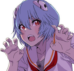 Rule 34 | 1girl, adapted costume, ayanami rei, blue hair, claw pose, close-up, eyebrows hidden by hair, fang, highres, looking at viewer, neon genesis evangelion, open mouth, red eyes, school uniform, serafuku, simple background, solo, yamashita shun&#039;ya