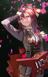 Rule 34 | 1girl, absurdres, bang dream!, black background, bow, bowtie, braid, chromatic aberration, confetti, cowboy shot, earrings, electric guitar, frilled shirt collar, frills, frown, gloves, guitar, hair bow, half gloves, hand on own forehead, hat, hat bow, highres, houndstooth, instrument, jewelry, key earrings, long hair, long sleeves, looking at viewer, purple eyes, shorts, side braid, solo, striped bow, striped bowtie, striped clothes, striped neckwear, tengyuan pa pa zi, toyama kasumi, vest, yellow bow, yellow bowtie
