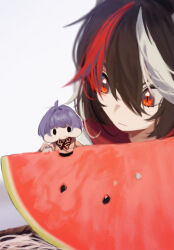 Rule 34 | 2girls, black hair, collared shirt, commentary, food, food on face, fruit, highres, japanese clothes, kijin seija, kimono, looking at another, mini person, minigirl, multicolored hair, multiple girls, nanashi nasi, pink kimono, puffy cheeks, purple hair, red hair, shirt, short hair, slit pupils, solid oval eyes, streaked hair, sukuna shinmyoumaru, symbol-only commentary, touhou, watermelon, white background