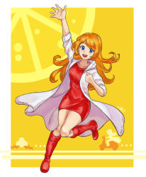 Rule 34 | 1girl, arm up, boots, comma03, dress, facial hair, lab coat, long hair, looking at viewer, mona (warioware), motor vehicle, motorcycle, mustache, nintendo, nose, open mouth, orange hair, red dress, red footwear, silhouette, smile, solo, warioware, yellow background