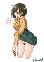 Rule 34 | 10s, 1girl, bad id, bad twitter id, black eyes, black hair, blush, clothes lift, cowboy shot, cropped legs, ebifurya, green skirt, groin, highres, hiryuu (kancolle), inactive account, japanese clothes, kantai collection, lifted by self, long sleeves, looking at viewer, no panties, open mouth, profile, short hair, simple background, skirt, skirt lift, solo, spoken squiggle, squiggle, sweat, twitter username, white background, wide sleeves
