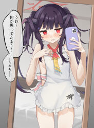 Rule 34 | 1girl, apron, black hair, blue archive, blush, breasts, cellphone, cowboy shot, demon horns, fingernails, frilled apron, frills, fuuka (blue archive), grey horns, halo, holding, holding phone, horns, long hair, mirror, mosae, naked apron, open mouth, phone, red eyes, red halo, reflection, small breasts, smartphone, solo, speech bubble, translation request, twintails, white apron