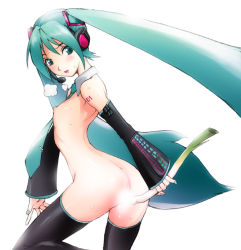 Rule 34 | 1girl, arched back, ass, blush, breath, censored, detached sleeves, dildo, flat chest, green eyes, green hair, hatsune miku, headphones, kon-kit, long hair, matching hair/eyes, microphone, naked necktie, necktie, nipples, nude, sex toy, skinny, smile, solo, spring onion, thighhighs, twintails, vocaloid