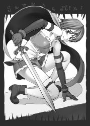 Rule 34 | 10s, 1girl, bang-you, cape, elbow gloves, gloves, greyscale, highres, mahou shoujo madoka magica, mahou shoujo madoka magica (anime), miki sayaka, monochrome, solo, sword, thighhighs, weapon