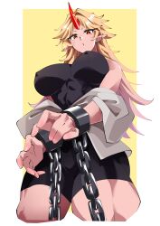 Rule 34 | 1girl, absurdres, bare shoulders, blonde hair, bodysuit, breasts, chain, chained, commentary request, covered erect nipples, cowboy shot, cuffs, from below, fugaku (miko no miyatsuguchi), gradient hair, highres, horns, hoshiguma yuugi, large breasts, long hair, looking at viewer, multicolored hair, muscular, muscular female, off shoulder, oni, pointy ears, red eyes, red horns, shackles, shirt, single horn, solo, touhou, two-tone background
