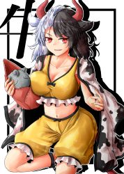 Rule 34 | 1girl, :d, absurdres, animal ears, animal print, black hair, breasts, cleavage, collarbone, commentary request, cow ears, cow horns, cow print, cow tail, crop top, haori, highres, holding, horns, japanese clothes, large breasts, looking at viewer, midriff, multicolored hair, nail polish, navel, open mouth, oshiaki, outline, red eyes, short hair, shorts, silhouette, silver hair, smile, solo, split-color hair, sports bra, stomach, tail, touhou, two-tone hair, ushizaki urumi, white background, white outline, yellow nails, yellow shorts