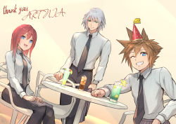 Rule 34 | 1girl, absurdres, blue eyes, breasts, closed mouth, commentary request, drink, formal, gogo (detteiu de), highres, kairi (kingdom hearts), kingdom hearts, kingdom hearts ii, looking at viewer, medium hair, multiple boys, necktie, open mouth, red hair, riku (kingdom hearts), silver hair, simple background, smile, sora (kingdom hearts)