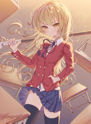 Rule 34 | 1girl, absurdres, aisaka taiga, arm up, black thighhighs, blazer, blue ribbon, blue skirt, blush, bokken, brown eyes, brown hair, buttoned cuffs, buttons, collared shirt, commentary, desk, double-breasted, grey background, hand in pocket, highres, holding, holding sword, holding weapon, jacket, lens flare, long hair, long sleeves, looking at viewer, neck ribbon, oohashi high school uniform, parted lips, pleated skirt, red jacket, ribbon, school desk, school uniform, shirt, skirt, solo, sword, sword behind back, thighhighs, toradora!, weapon, white shirt, wooden sword, yozora (1wkdgusdn), zettai ryouiki