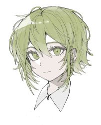 Rule 34 | 1girl, ahoge, closed mouth, deep (deep4946), green eyes, green hair, gumi, hair between eyes, highres, looking at viewer, portrait, short hair, simple background, smile, solo, vocaloid, white background