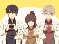 Rule 34 | 1girl, 2boys, ayin (project moon), bear hair ornament, benjamin (project moon), black shirt, brown hair, carmen (project moon), closed mouth, collared shirt, commentary request, glasses, green eyes, green shirt, grey hair, grey shirt, hair ornament, heart, heart hands, highres, ktsis, lab coat, lobotomy corporation, long hair, long sleeves, multiple boys, necktie, ponytail, project moon, red eyes, red necktie, shirt, short hair, smile, sweat, yellow eyes