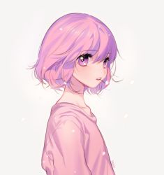 Rule 34 | 1girl, artist name, bad id, bad pixiv id, collarbone, eyebrows, eyelashes, flat chest, flower, flower in mouth, from side, grey background, looking at viewer, mouth hold, original, parted lips, petals, pink flower, pink hair, pink shirt, pink theme, purple eyes, seoji, shirt, short hair, signature, simple background, solo, t-shirt, upper body