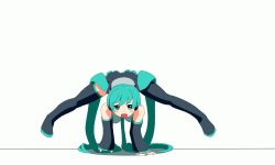 Rule 34 | 1girl, animated, animated gif, boots, breakdance, detached sleeves, green eyes, green hair, hatsune miku, long hair, matching hair/eyes, necktie, open mouth, panties, pantyshot, skirt, solo, striped clothes, striped panties, thigh boots, thighhighs, thomas flair, twintails, underwear, upskirt, very long hair, vocaloid