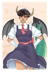 Rule 34 | 1boy, afro, alternate costume, artist name, belt, black eyes, blouse, collared shirt, dirtyfox911911, dragon boy, dragon tail, dress, elbow gloves, enmaided, gloves, green lips, hands on own hips, highres, horns, jojo no kimyou na bouken, jojolion, kobayashi-san chi no maidragon, large tail, looking at viewer, maid, male focus, multicolored hair, name connection, red belt, red neckwear, red ribbon, ribbon, scales, shirt, solo, tail, thick thighs, thighs, tohru (maidragon), tooru (jojolion), trait connection, two-tone hair, white gloves, white shirt
