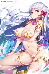 Rule 34 | 1girl, arm under breasts, armlet, armor, bikini armor, blush, breasts, earrings, fate/grand order, fate (series), flower, hair ribbon, hong (white spider), jewelry, kama (fate), kama (third ascension) (fate), large breasts, long hair, looking at viewer, navel, parted lips, red eyes, ribbon, silver hair, solo