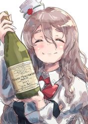 Rule 34 | 1girl, aruka, bottle, bow, bowtie, closed eyes, facing viewer, grey hair, hat, highres, holding, holding bottle, kantai collection, long hair, mini hat, pola (kancolle), red bow, red bowtie, shirt, simple background, smile, solo, thick eyebrows, tilted headwear, wavy hair, white background, white shirt, wine bottle