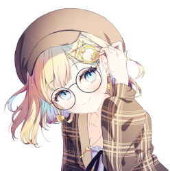 Rule 34 | 1girl, adjusting hair, asymmetrical hair, black-framed eyewear, blonde hair, blue eyes, blush, breasts, brown hat, brown jacket, closed mouth, commentary, earrings, english commentary, eyelashes, gear hair ornament, glasses, hair ornament, hairclip, hand in own hair, hat, head tilt, heart, heart earrings, hololive, hololive english, jacket, jewelry, key, key necklace, looking at viewer, medium hair, necklace, official alternate costume, open clothes, open jacket, plaid, plaid jacket, round eyewear, rumi (rarumi11), side ponytail, simple background, small breasts, smile, solo, upper body, virtual youtuber, watson amelia, white background